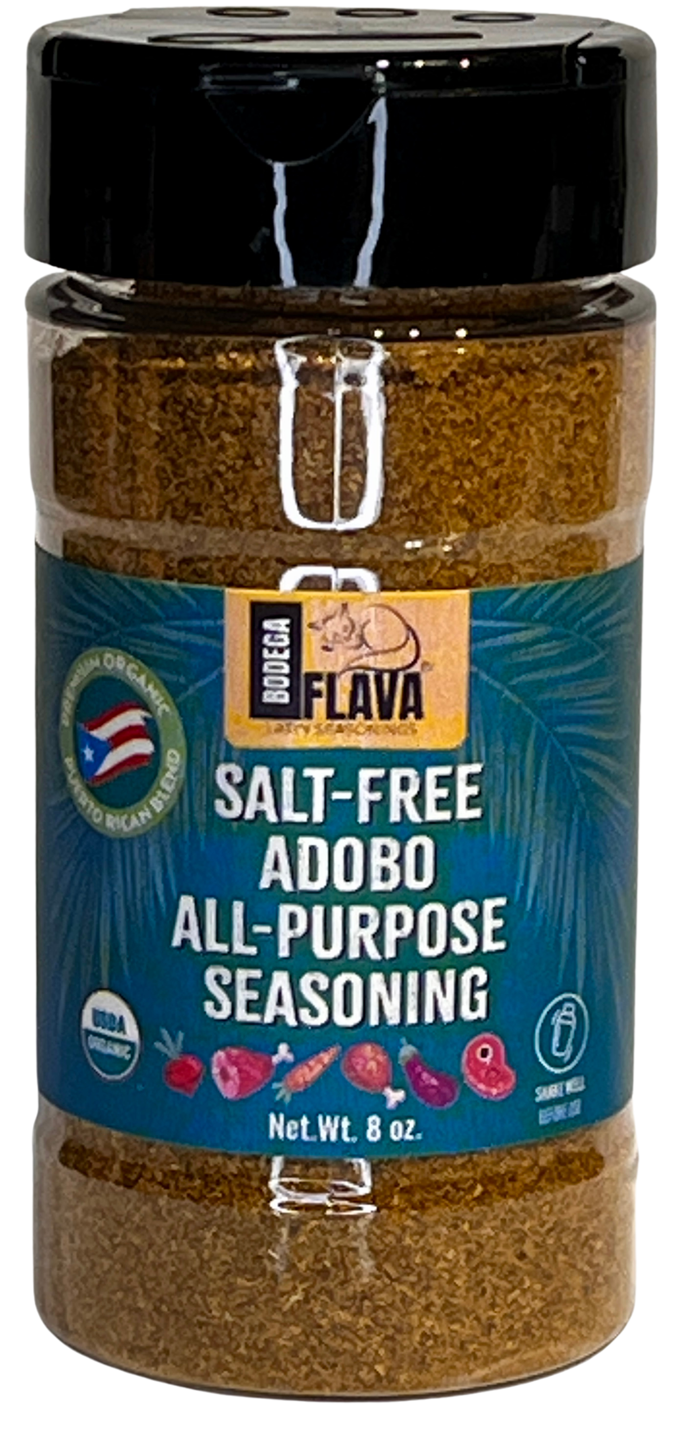 Bodega Flava Organic Salt-Free Adobo All-Purpose Seasoning, available in 4oz and 8oz