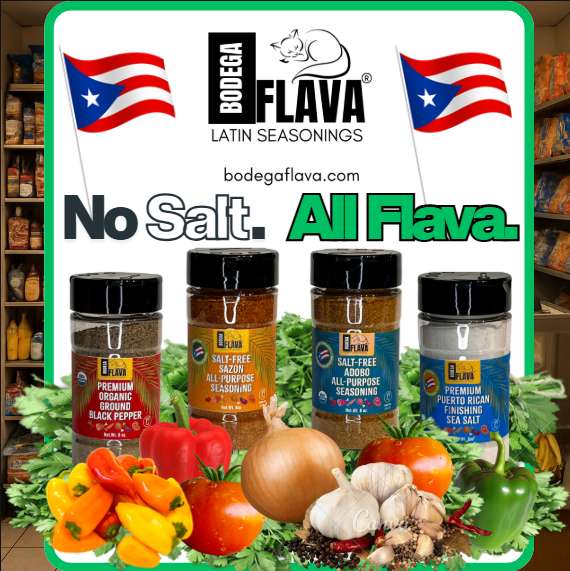 Bodega Flava Latin Seasonings Collection - Salt-Free Organic Adobo, Natural Sazon, PR Finishing Sea Salt from Cabo Rojo, Puerto Rico, Organic Ground Black Pepper – Organic Puerto Rican seasoning blend, Bodega Certified.
